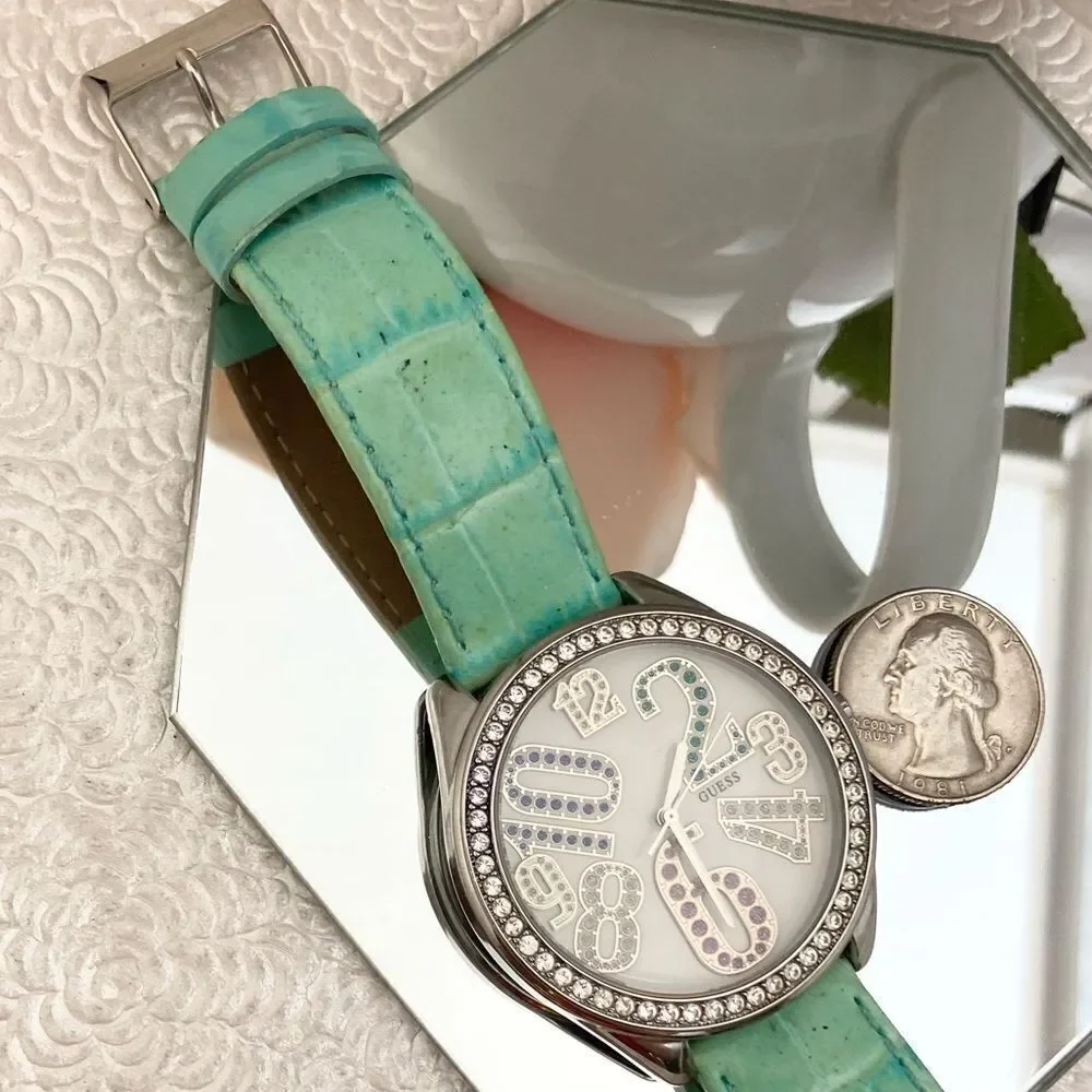Guess Crystal Accented Bezel and Dial Large Face Watch with Leather Strap